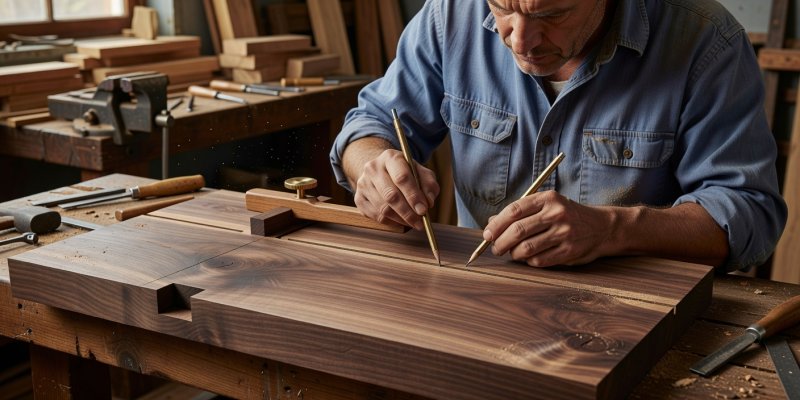 Craftsman marking mortise joint dimensions onto walnut wood with marking gauge and brass pencil