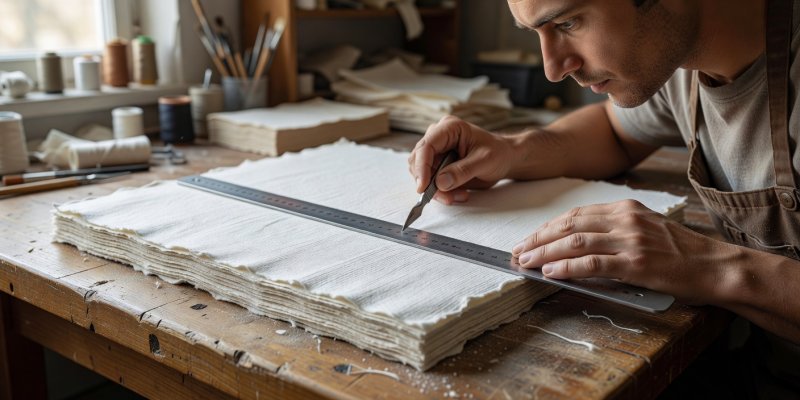 Adult craftmaker inspecting heavy cotton rag paper grain with steel ruler and scalpel
