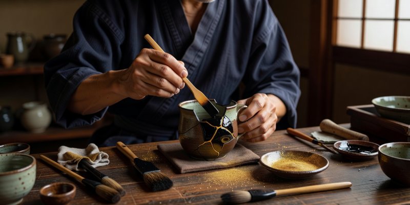 Craftsperson fixing broken ceramic cup with traditional urushi lacquer and powdered gold mica