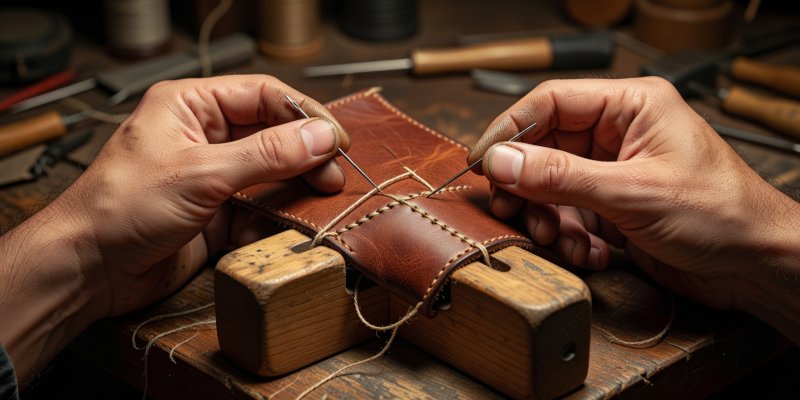 Maker hands operating two harness needles through vegetable tanned leather held in a wooden stitching pony