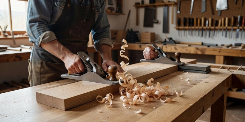 Maker flattening wood with a hand plane shavings curled on clean bench